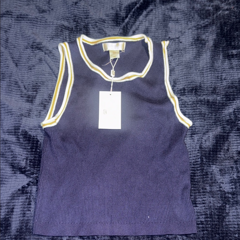 Caroline Constas Navy Ribbed Tank with Yellow and White Trim